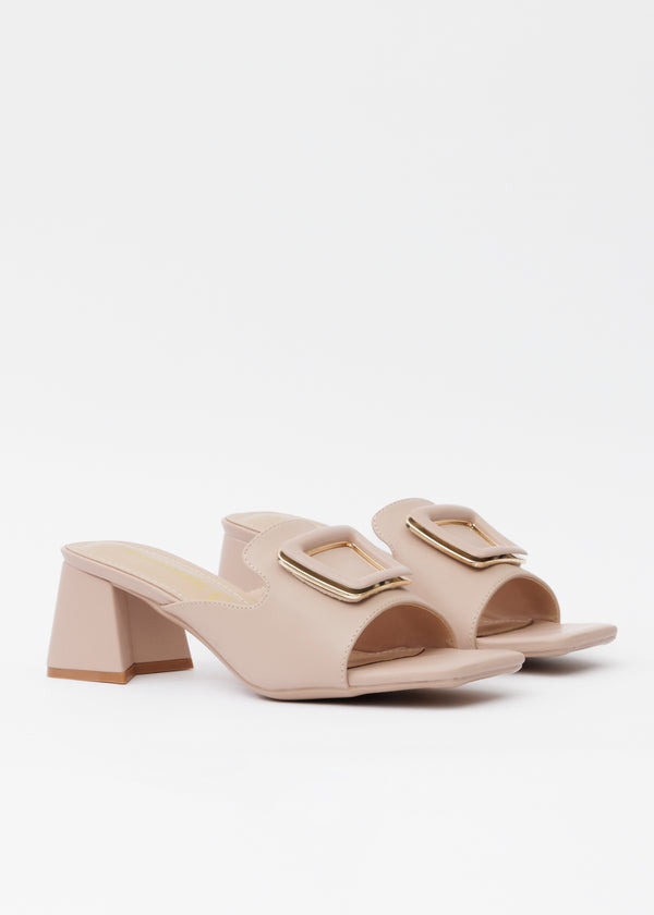 Mules Cipria In Pelle Con Maxi Fibbia - Tacco 6 Cm