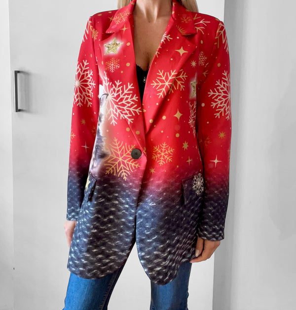 Blazer Navidad - Rosso con Gattino e Fiocchi di Neve