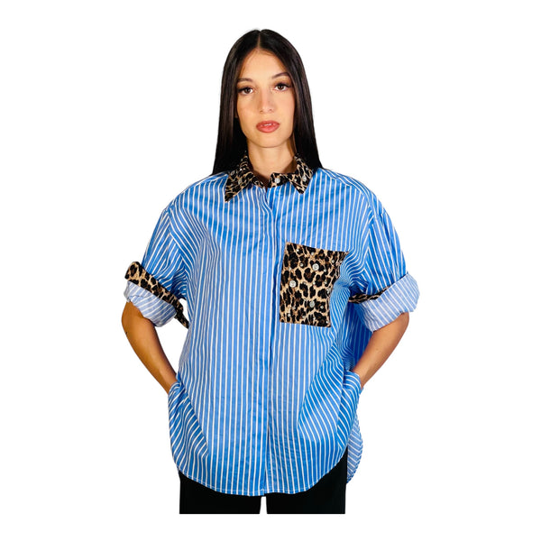 Camicia Tea Oversize a Righe con Dettagli Leopardo