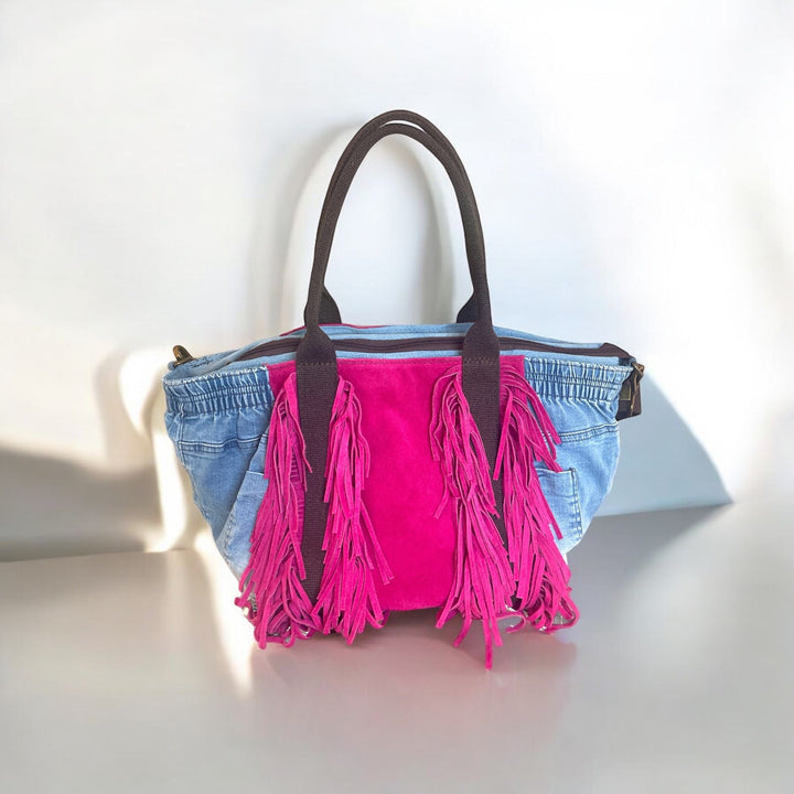 Borsa In Denim E Vera Pelle Con Frange - Tracolla Regolabile - PinUp Shoes