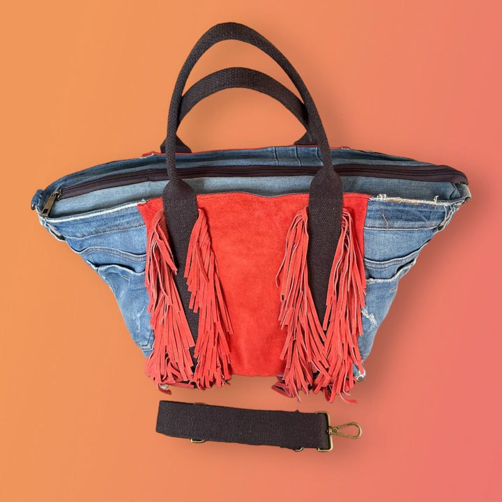 Borsa In Denim E Vera Pelle Con Frange - Tracolla Regolabile - PinUp Shoes