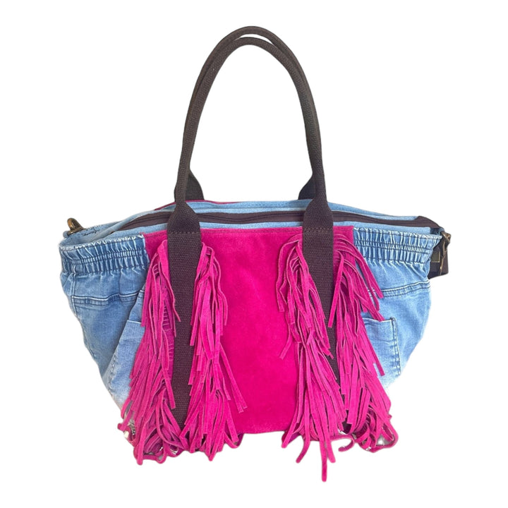 Borsa In Denim E Vera Pelle Con Frange - Tracolla Regolabile - PinUp Shoes