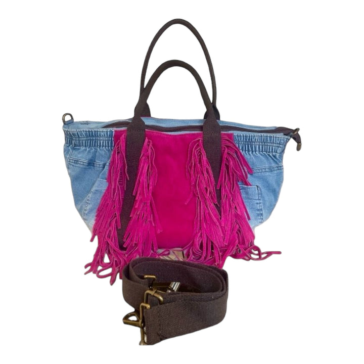 Borsa In Denim E Vera Pelle Con Frange - Tracolla Regolabile - PinUp Shoes