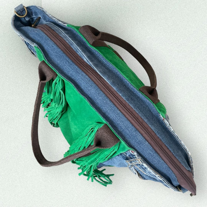 Borsa In Denim E Vera Pelle Con Frange - Tracolla Regolabile - PinUp Shoes