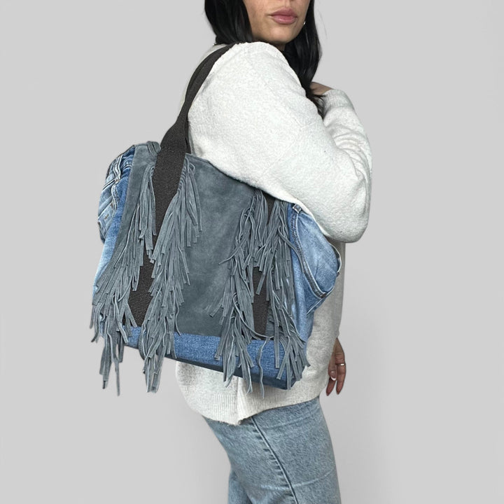 Borsa In Denim E Vera Pelle Con Frange - Tracolla Regolabile - PinUp Shoes