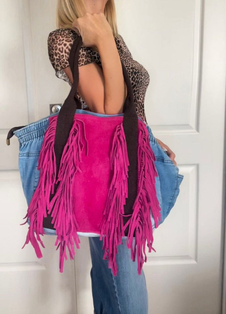 Borsa In Denim E Vera Pelle Con Frange - Tracolla Regolabile - PinUp Shoes
