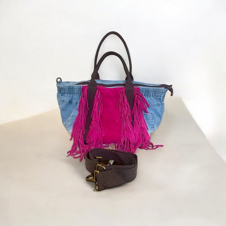 Borsa In Denim E Vera Pelle Con Frange - Tracolla Regolabile - PinUp Shoes
