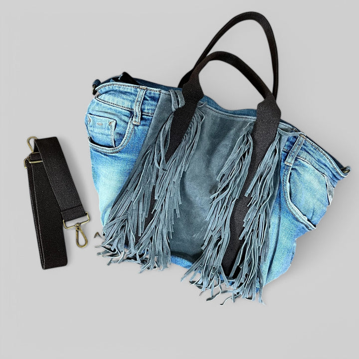 Borsa In Denim E Vera Pelle Con Frange - Tracolla Regolabile - PinUp Shoes