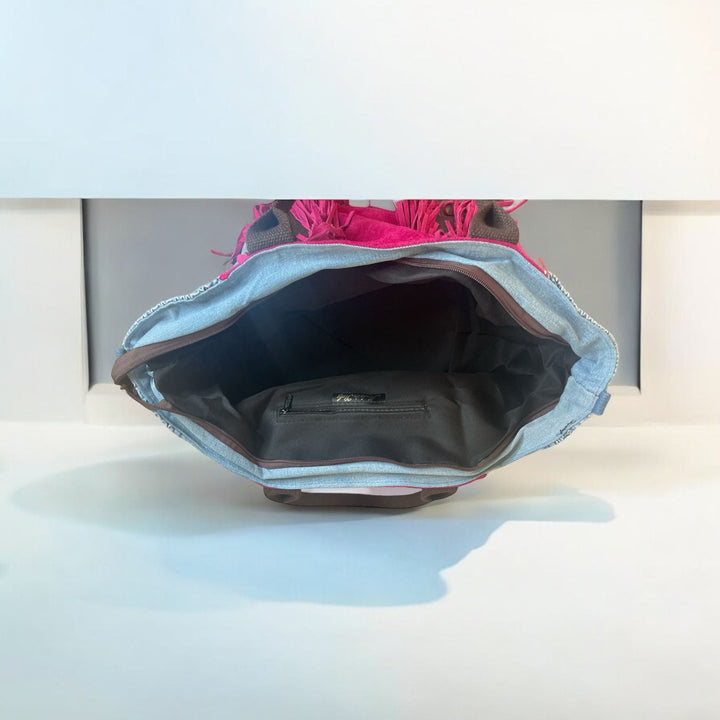 Borsa In Denim E Vera Pelle Con Frange - Tracolla Regolabile - PinUp Shoes