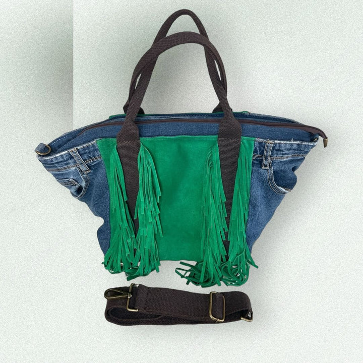 Borsa In Denim E Vera Pelle Con Frange - Tracolla Regolabile - PinUp Shoes
