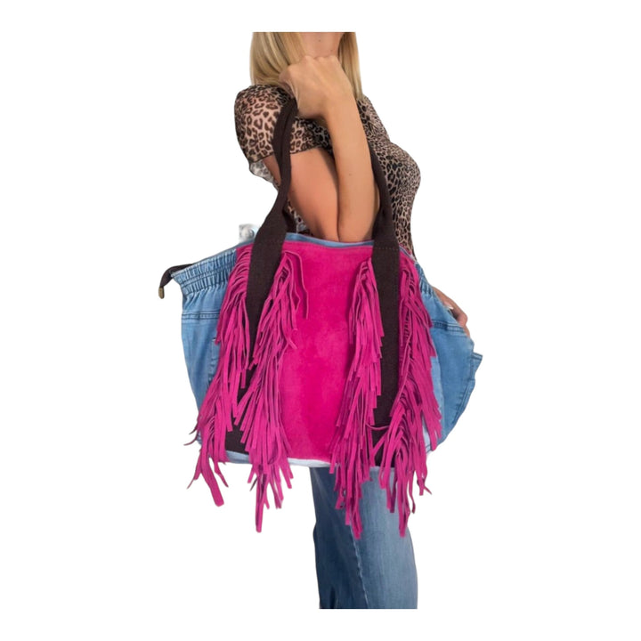 Borsa In Denim E Vera Pelle Con Frange - Tracolla Regolabile - PinUp Shoes