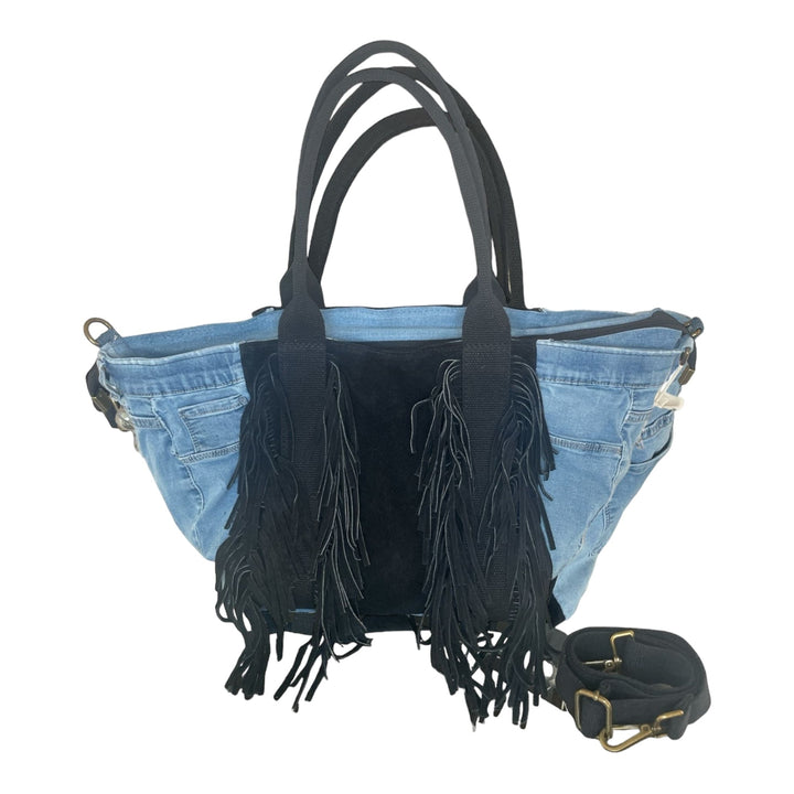 Borsa In Denim E Vera Pelle Con Frange - Tracolla Regolabile - PinUp Shoes