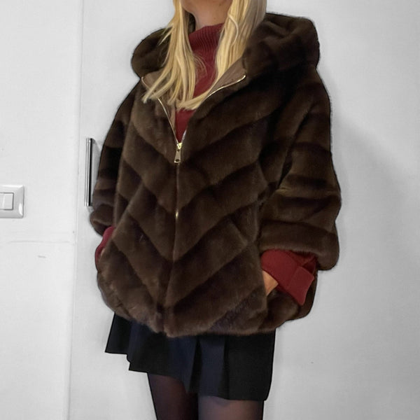 Cappottino Moena con Cappuccio - Eco Visone Marrone - PinUp Shoes