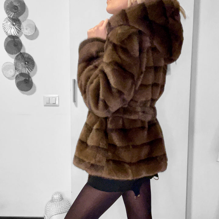 Cappottino Moena Con Cinta e Cappuccio - Eco Visone Marrone - PinUp Shoes