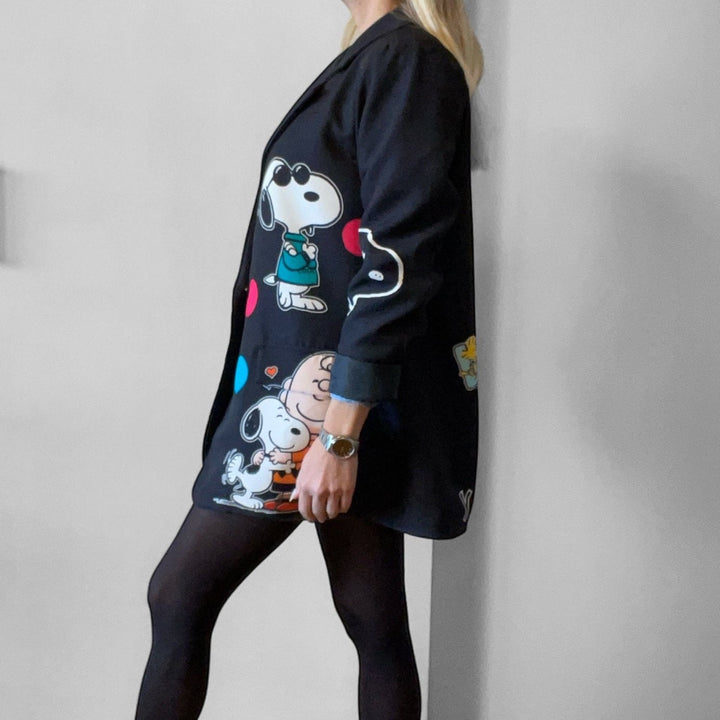 Outfit Blazer Pop Art Sn - Decollete Viola - Borsa Torino - Jeans Nero - PinUp Shoes