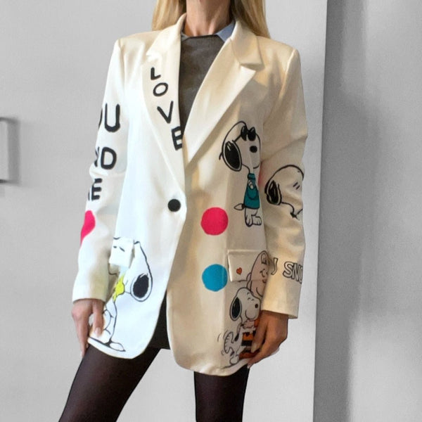 Outfit Blazer Pop Art Sn - Decollete Viola - Borsa Torino - Jeans Nero - PinUp Shoes