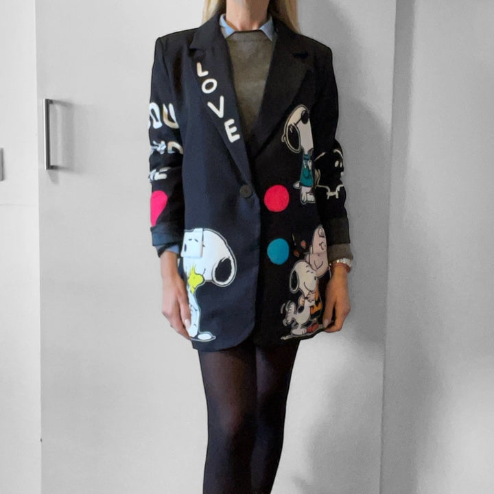 Outfit Blazer Pop Art Sn - Decollete Viola - Borsa Torino - Jeans Nero - PinUp Shoes