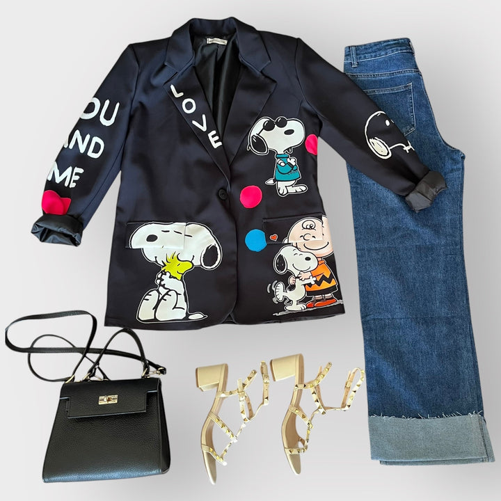 Outfit Blazer Pop Art Sn - Sandalo Viola Borsa Torino - Jeans Gamba Dritta - PinUp Shoes