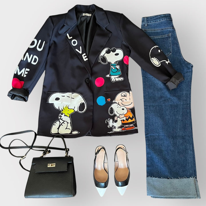 Outfit Blazer Pop Art Sn - Slingback BW - Borsa Torino - Jeans Gamba Dritta - PinUp Shoes