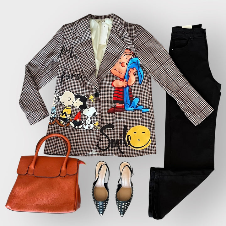 Outfit Blazer Quadri Oversize Cartoon - Slingback Barcellona - Borsa Desy E Jeans - PinUp Shoes