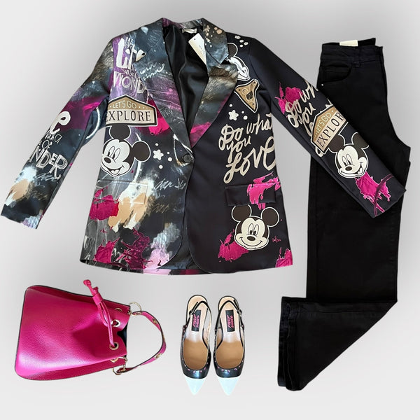 Outfit Décolleté Slingback Bicolore - Blazer Cartoon - Borsa Chantal - Jeans Nero - PinUp Shoes