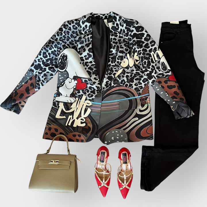 Outfit Decollete Viola - Borsa Torino - Blazer Cartoon - Jeans - PinUp Shoes