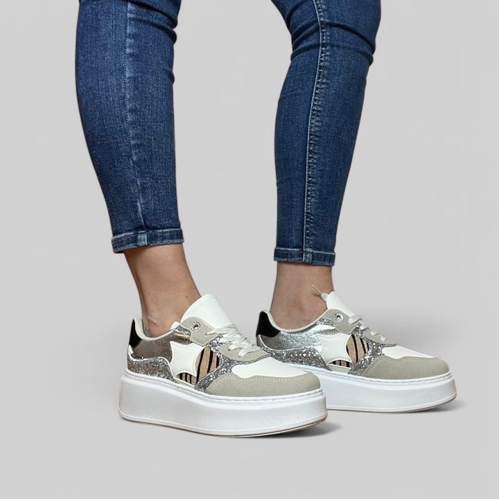 Sneakers Dori Platform Glitterate Con Inserti Animalier - PinUp Shoes